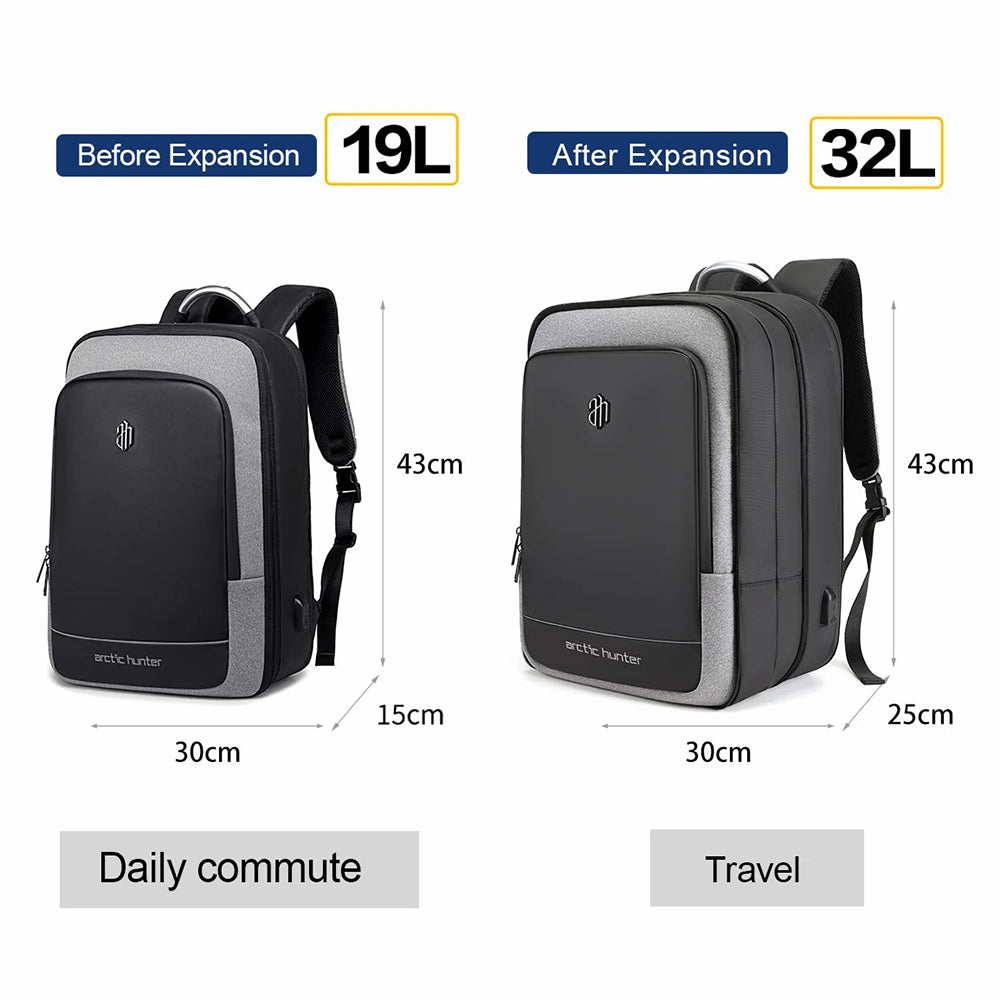 ARCTIC HUNTER B00227L Travel Backpack Expandable Shoulder Bag with USB Port - Black ARCTIC HUNTER B00227L Travel Backpack Expandable Shoulder Bag with USB Port - Black